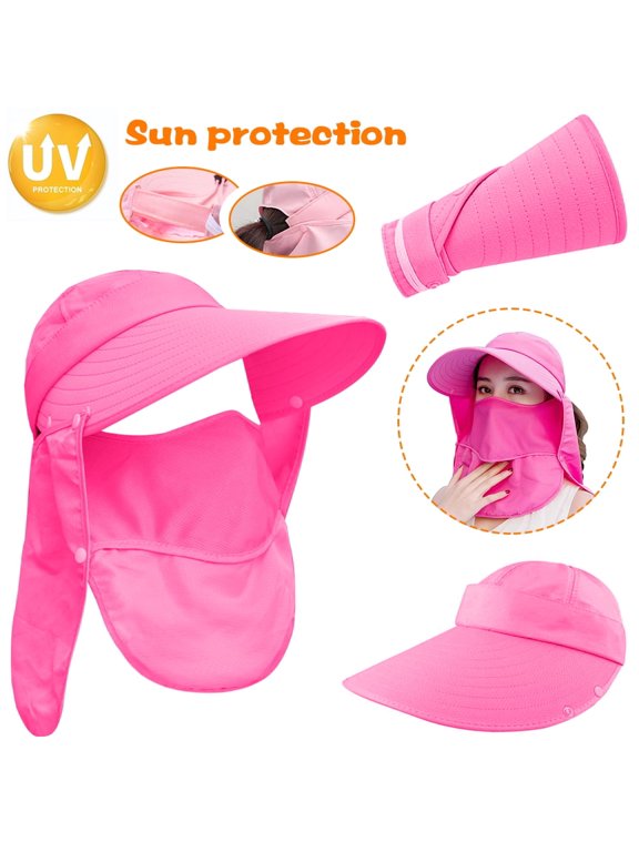 Outdoor Sun Hats, Wide Brim UV Protection Visor UPF 50+ Fishing Hats Foldable Ponytail Summer Hat with Detachable Flap for Women (Rose Red)