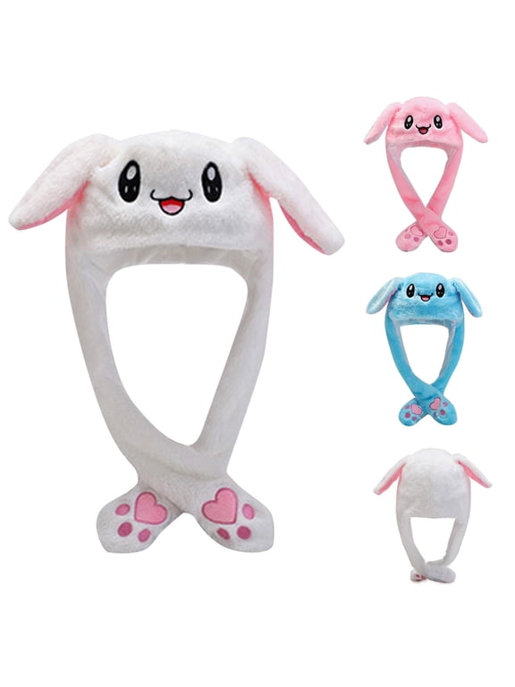 Rabbit Hat Ear Moving Jumping Hat Funny Bunny Plush Hat Cap for Women Girls, Easter Cosplay Party Holiday Hat White
