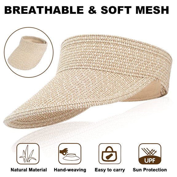 SHELLTON Sun Visor Hats, Wide Brim Beach Hat Roll-up Golf Straw Sun Hat Packable Foldable Summer Beach Hat for Women (Beige White)