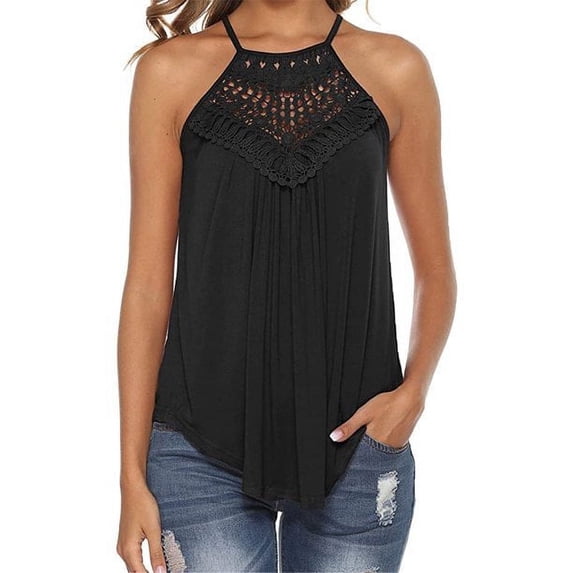 SHELLTON Women's Casual Summer Cute Lace Halter Neck Flowy Pleated Workout Sleeveless Tank Tops T-shirts Blouses