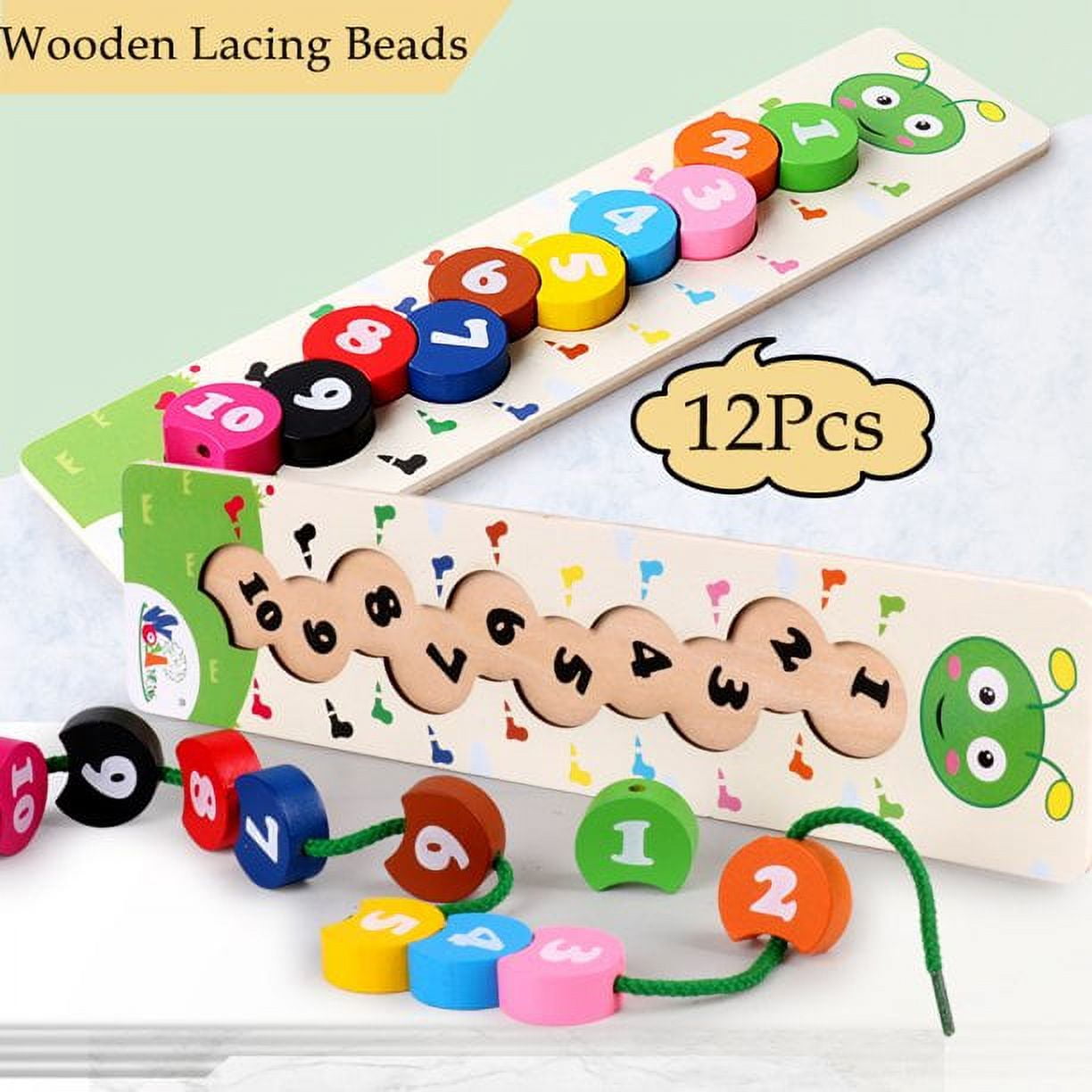 SHELLTON Wooden Lacing Beads for Toddlers, Fine Motor Skills Montessori