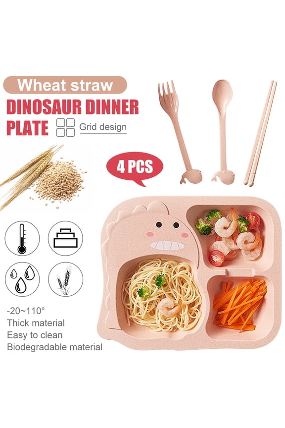 4Pcs/Set Wheat Stalk Kids Dinnerware Set - Children Dishes - Food Plate Spoon Fork Set Dishware, Cartoon Tableware, Dishwasher Safe Kids Healthy Mealtime, BPA Free (Dinosaur)