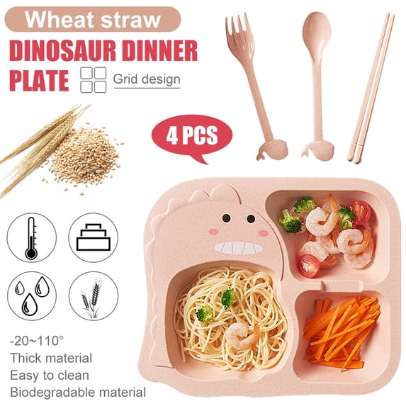 SHELLTONTECH 4Pcs/Set Wheat Stalk Kids Dinnerware Set - Children Dishes - Food Plate Spoon Fork Set Dishware, Cartoon Tableware, Dishwasher Safe Kids Healthy Mealtime, BPA Free (Dinosaur)