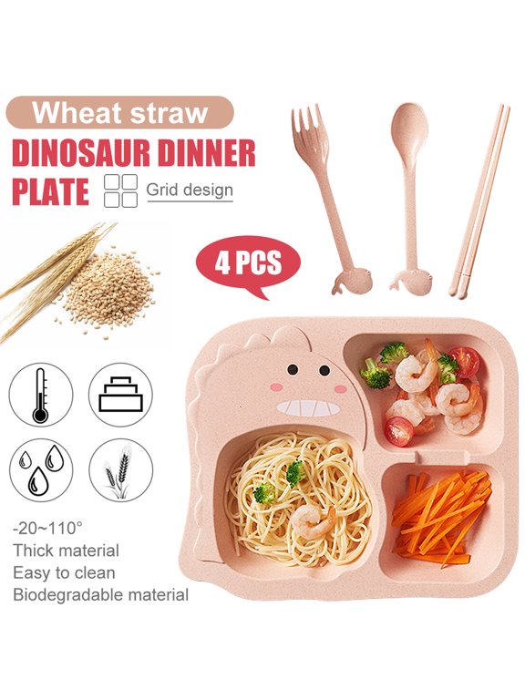 4Pcs/Set Wheat Stalk Kids Dinnerware Set - Children Dishes - Food Plate Spoon Fork Set Dishware, Cartoon Tableware, Dishwasher Safe Kids Healthy Mealtime, BPA Free (Dinosaur)