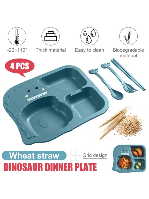 Kids Plates Set 4 piece (Plates with Forks and Spoons) Lightweight Toddler Dishes , Dishwasher Baby Feeding Set with Divided Meal plates , from Natural Wheat Straw Material Eco-Friendly