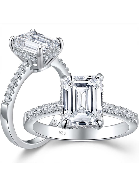 SHELOVES 3 Carat Emerald Cut Engagement Rings for Women AAAAA CZ 925 Sterling Silver Promise Wedding Rings Size 7