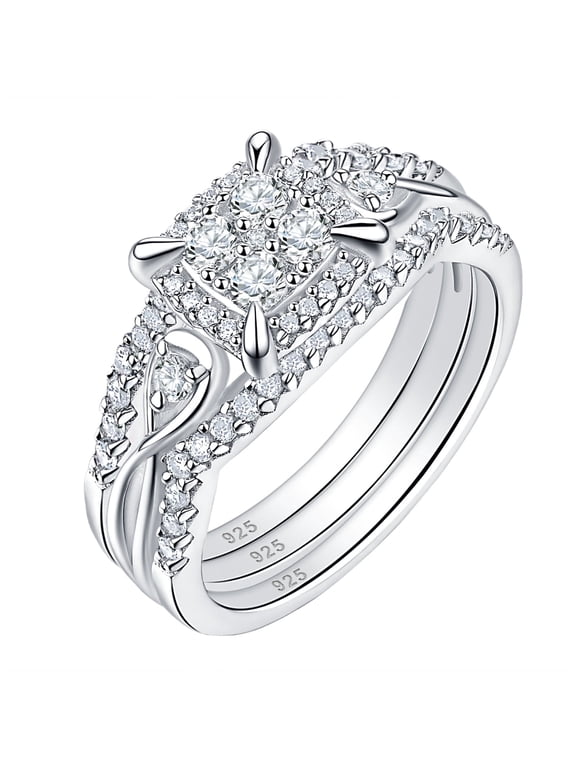 SHELOVES 3Pcs Round White Cubic Zirconia Princess Halo Wedding Ring Set Solid 925 Sterling Silver Vintage Style Size 7