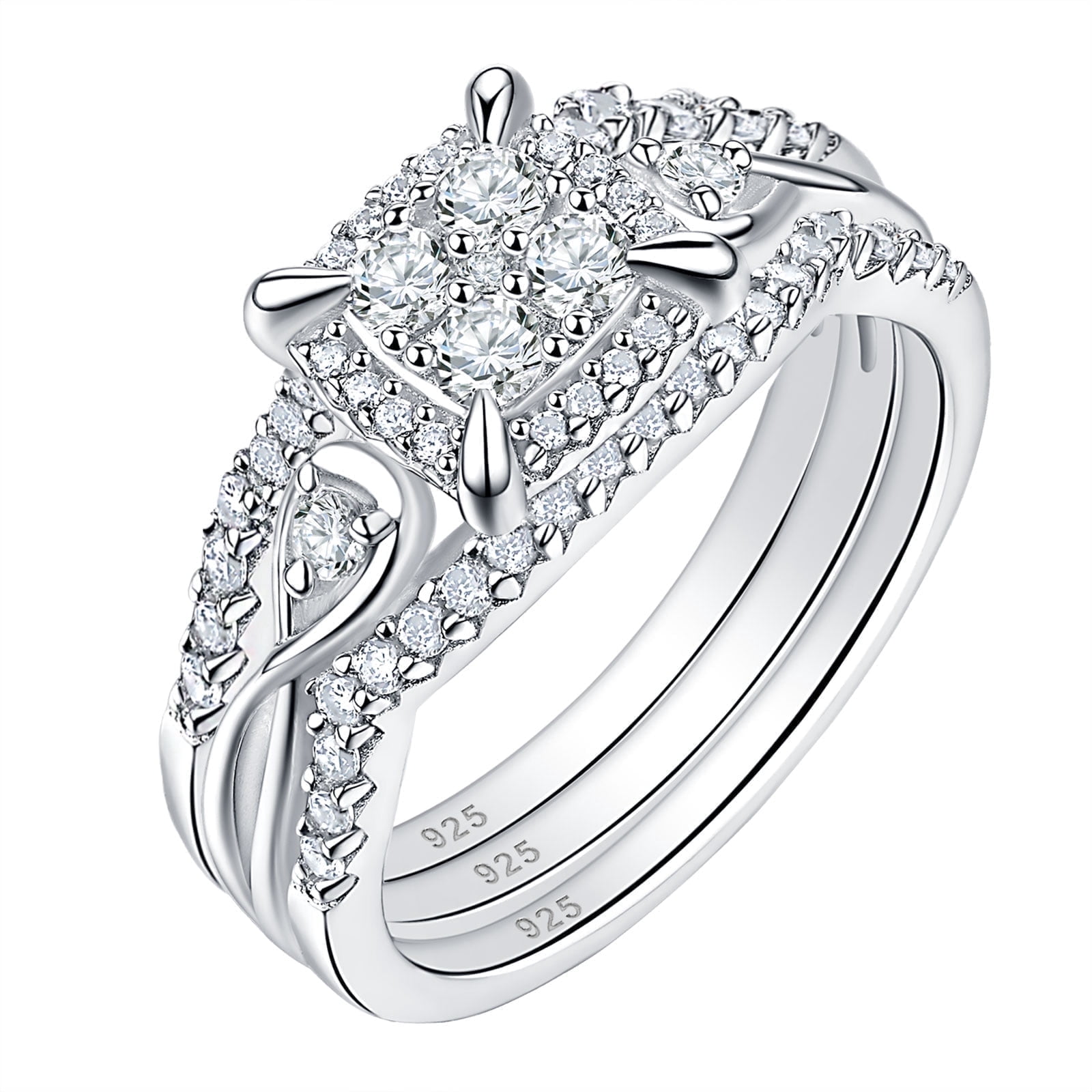 SHELOVES 3Pcs Round White Cubic Zirconia Princess Halo Wedding Ring Set Solid Sterling Silver Vintage Style Size 8