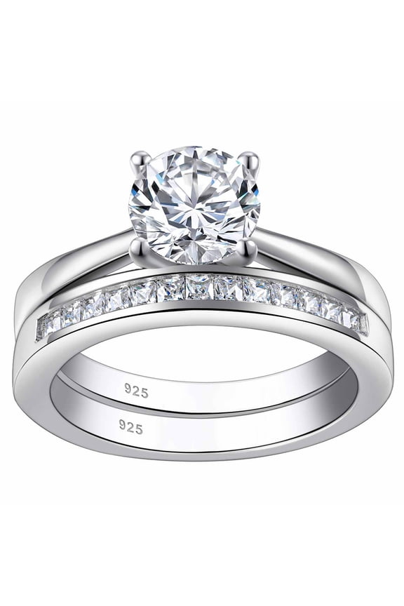 SHELOVES 925 Sterling Silver Wedding Rings Set Soliraire Engagement Rings Round CZ Cubic Zirconia Wedding Bands Size 7