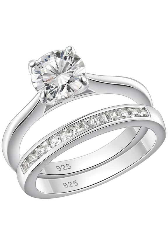 SHELOVES 925 Sterling Silver Wedding Rings Set Soliraire Engagement Rings Round CZ Cubic Zirconia Wedding Bands Size 9