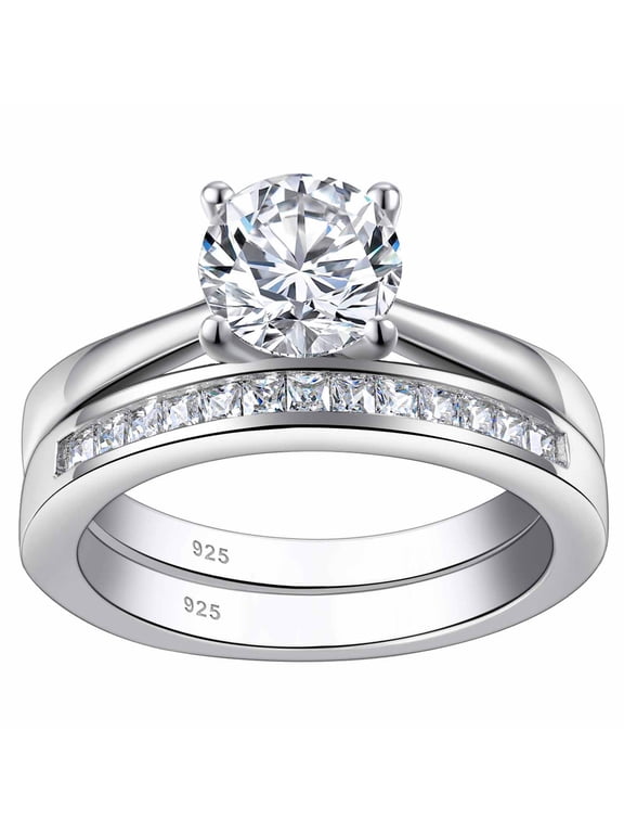 SHELOVES 925 Sterling Silver Wedding Rings Set Soliraire Engagement Rings Round CZ Cubic Zirconia Wedding Bands Size 9