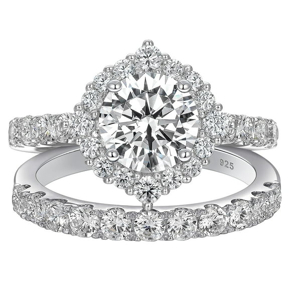 SHELOVES 2.35 Carat Flower Halo Wedding Rings Set for Women AAAAA CZ Bridal Set for Her 925 Sterling Silver Size 7