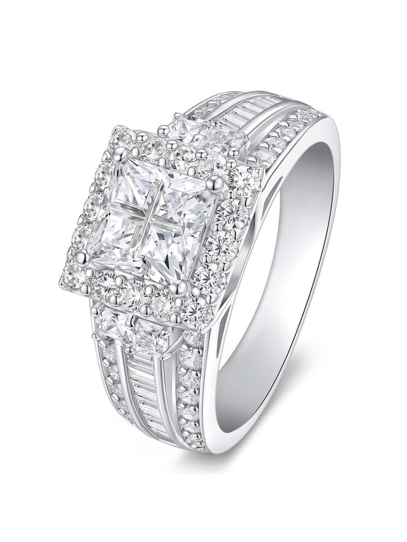 SHELOVES Princess Grid Cut CZ Engagement Rings for Women Square Halo Wedding Rings Size 7
