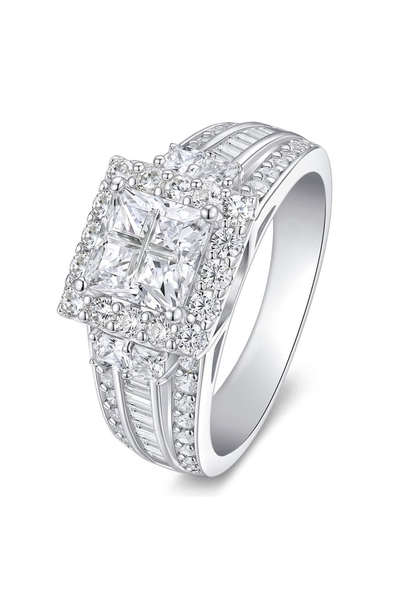 SHELOVES Princess Grid Cut CZ Engagement Rings for Women Square Halo Wedding Rings White Gold Plated Silver Size 7