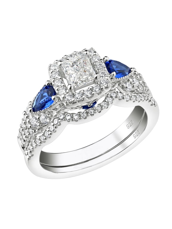 SHELOVES Princess Pear Blue Sapphire Sterling Silver Engagement Ring Wedding Ring Set for Women Size 8