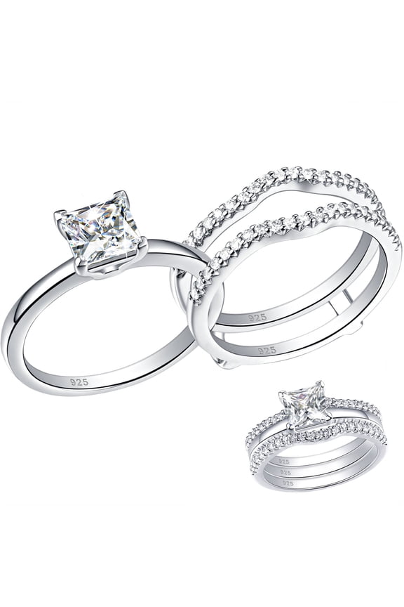 SHELOVES Solitaire Princess CZ Wedding Engagement Rings Set Wedding Band Guard Ring Enhancers 925 Sterling Silver Size 9