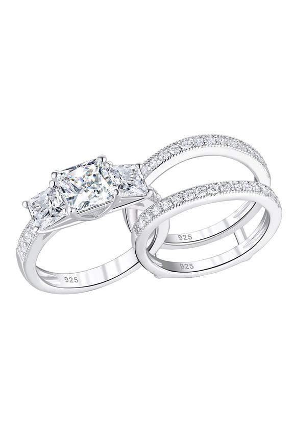 SHELOVES 1.9 Carat Three-Stone Princess Cut AAAAA CZ Wedding Rings for Women Engagement Ring Sets 925 Sterling Silver Size 7