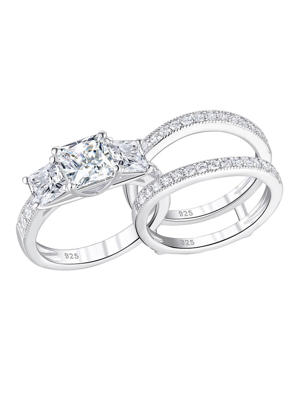SHELOVES 1.9 Carat Three-Stone Princess Cut AAAAA CZ Wedding Rings for Women Engagement Ring Sets 925 Sterling Silver Size 7