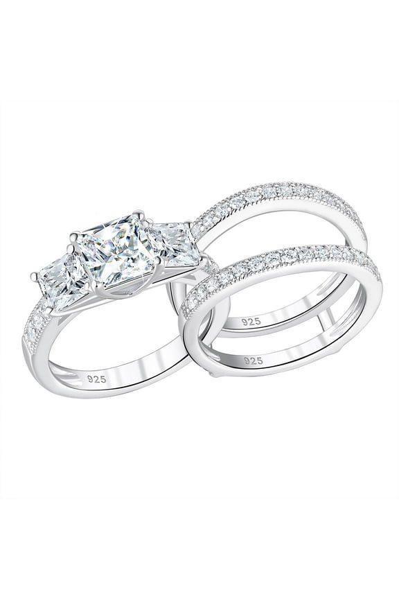 SHELOVES Three-Stone Princess Cut AAAAA Cz Wedding Rings Set Ring Enhancers 925 Sterling Silver Sz 7