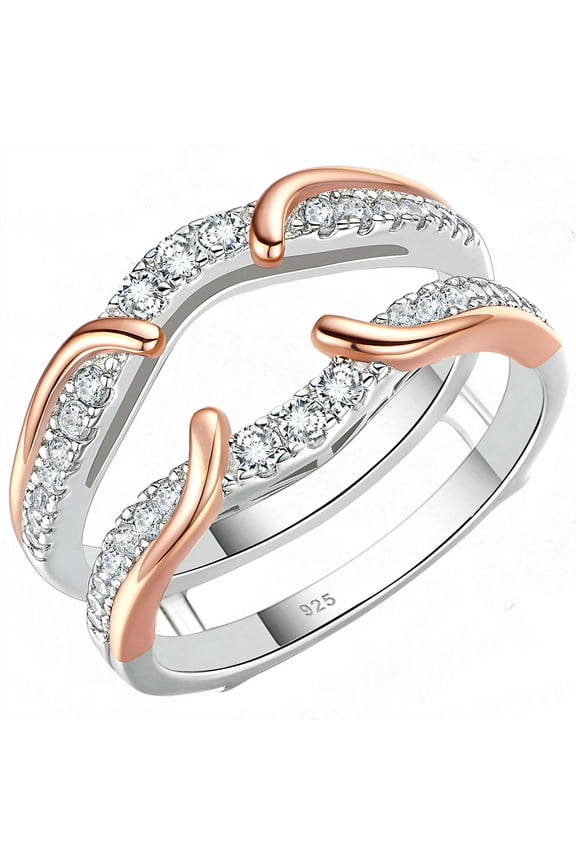 SHELOVES Two Tone Rose Gold Ring Guard 925 Sterling Silver Round CZ Ring Enhancer for Engagement Rings Size 7