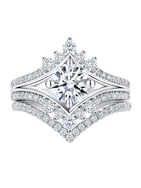 SHELOVES Vintage Crown Shape Wedding Engagement Ring Sets Sterling Silver Chevron Stacking Band Size 8