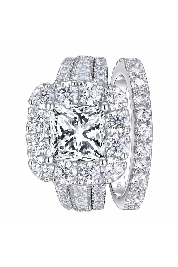 SHELOVES Vintage Style Princess Halo AAAAA CZ Wedding Engagement Ring Sets for Women 925 Sterling Silver Size 5