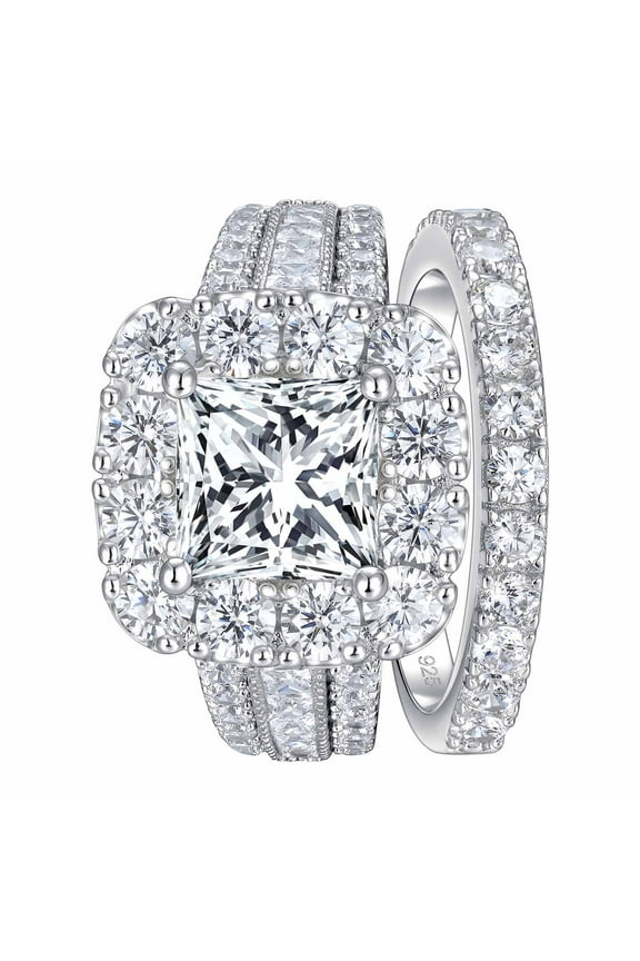 SHELOVES Vintage Style Princess Halo AAAAA CZ Wedding Engagement Ring Sets for Women 925 Sterling Silver Size 7