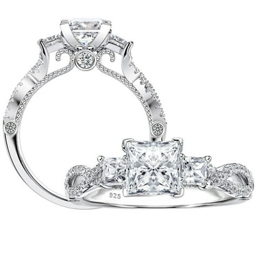 SHELOVES Vintage Three Stone Princess Cut AAAAA CZ Wedding Engagement Rings For Women 925 Sterling Silver Size 8
