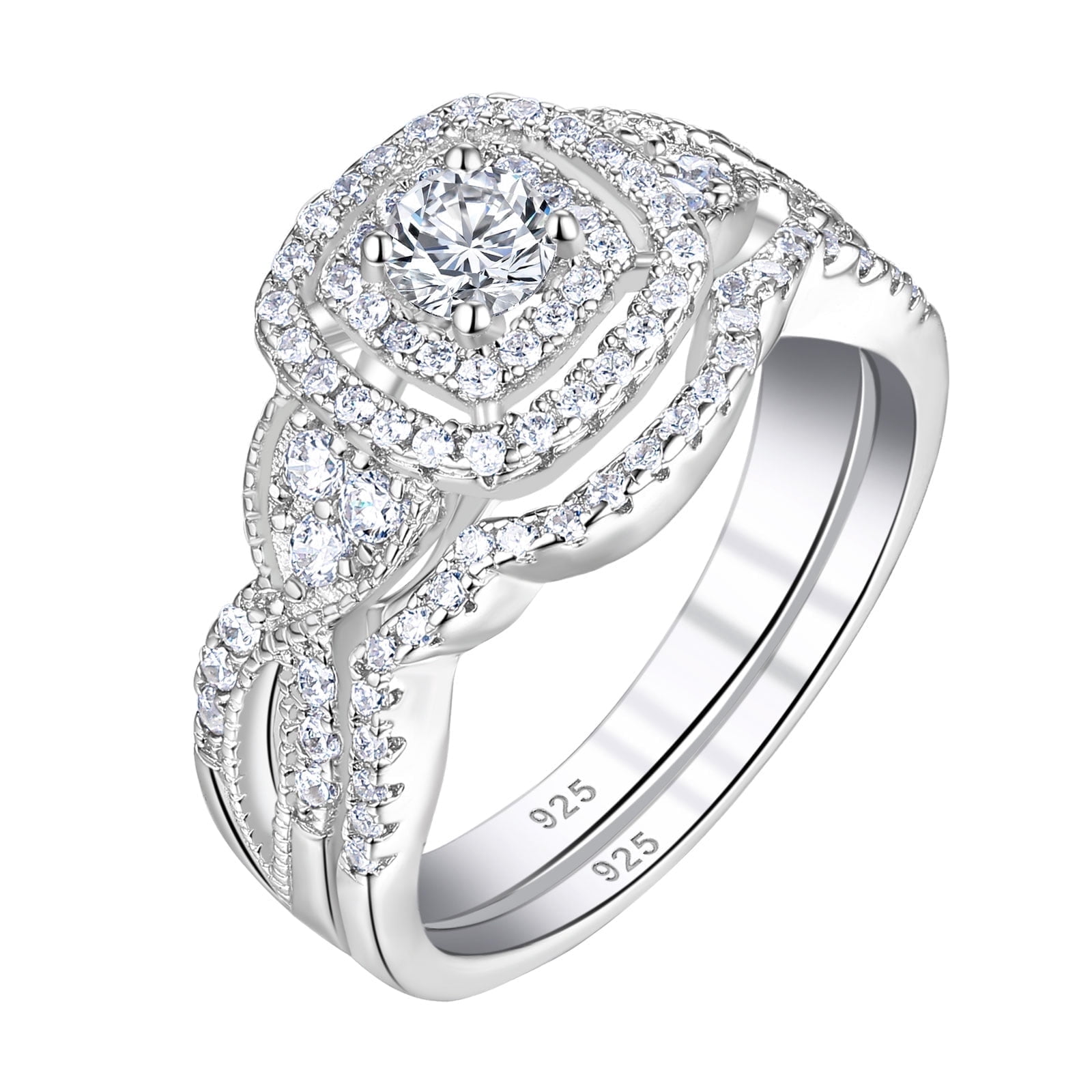 SHELOVES 1.4 Carat Double Halo Wedding Rings Set for Women Engagement Rings Bridal Set Sterling Silver CZ Size 7