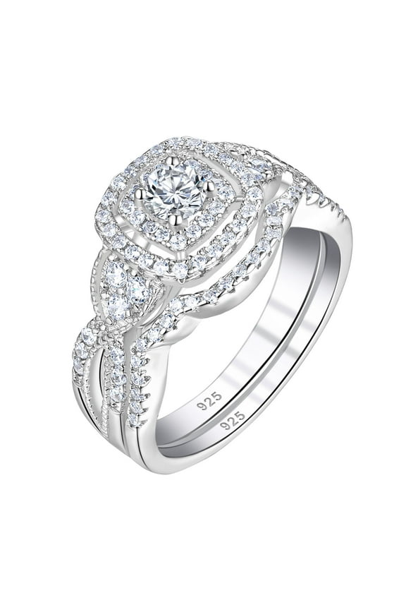 SHELOVES 1.4 Carat Double Halo Wedding Rings Set for Women Engagement Rings Bridal Set Sterling Silver CZ Size 8