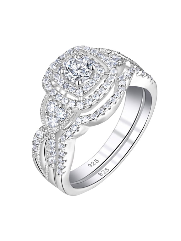 SHELOVES 1.4 Carat Double Halo Wedding Rings Set for Women Engagement Rings Bridal Set Sterling Silver CZ Size 9