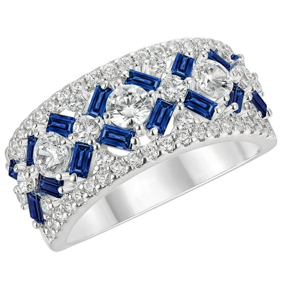 SHELOVES White CZ and Blue Created Sapphire Wide Wedding Bands for Women Elegant White Gold Baguette Rings Size 7