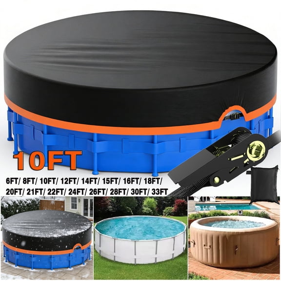 SHELTUSE 10Ft Round Pool Cover, Solar Pool Covers for Above Ground Pools, Winter Pool Cover Protector with Tensioner Design Increase Stability, PE Tarp Ideal for Waterproof and Dustproof