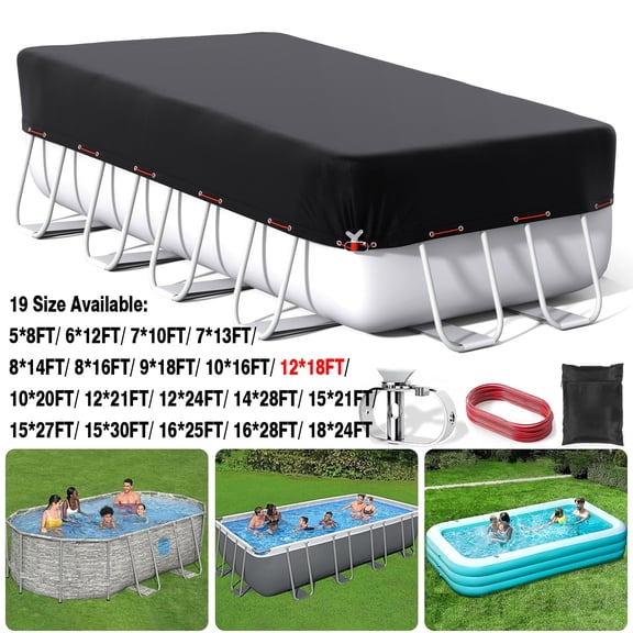 SHELTUSE 12X18FT Rectangular Pool Cover for Above Ground Pool, Solar Oval Pool Cover Protection with Steel Rope, Ideal for Rectangular/Oval Frame Pool Waterproof & UV-Resistant, Black