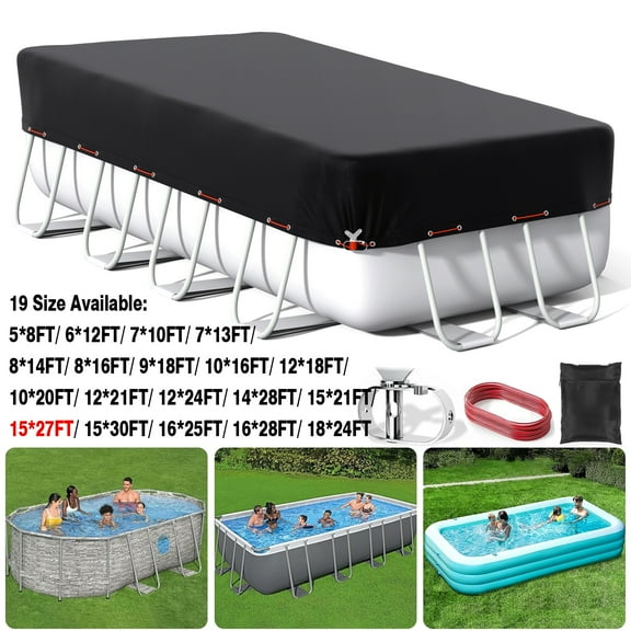SHELTUSE 15x27FT Rectangular Pool Cover for Above Ground Pool, Solar Oval Pool Cover Protection with Steel Rope, Ideal for Rectangular/Oval Frame Pool Waterproof & UV-Resistant, Black