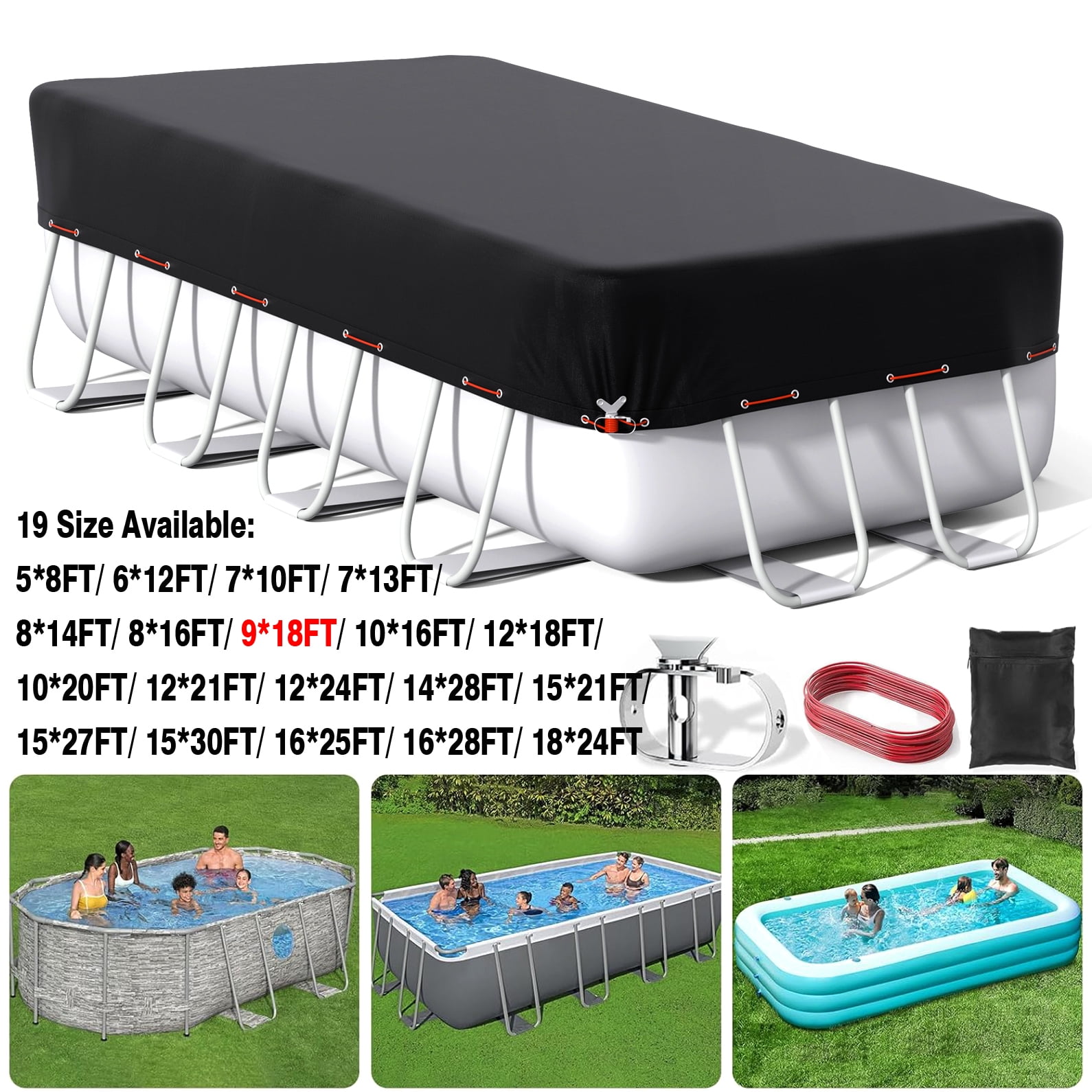 SHELTUSE 9X18FT Rectangular Pool Cover for Above Ground Pool, Solar Oval Pool Cover Protection with Steel Rope, Ideal for Rectangular/Oval Frame Pool Waterproof & UV-Resistant, Black