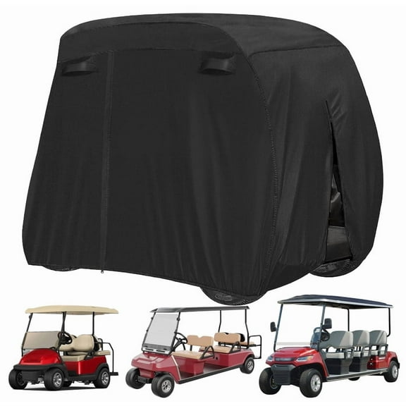 SHELTUSE Golf Cart Cover 4 Passenger for EZ Go Club Yamaha Club Car, 420D Waterproof Windproof Sunproof Dustproof Enclosure Cover with Three Zipper Doors, 112''Lx48''Wx66''H, Black