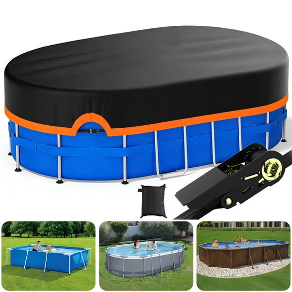 SHELTUSE Pool Cover 14x8FT Above Ground Oval Pools, Fade-Resistant Tear-Resistant Waterproof and Weatherproof for Outdoor Protection, Orange, Fabric