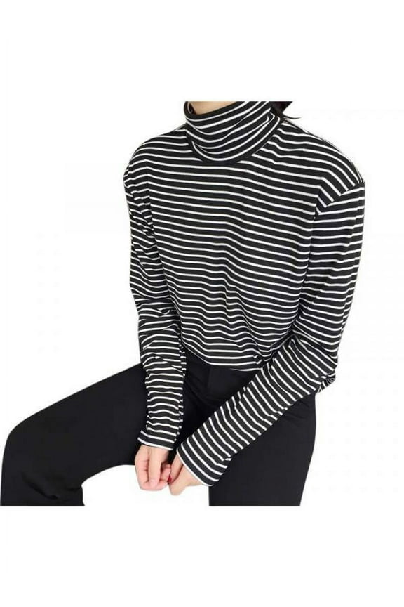 Women Black & White Striped Slim Long Sleeves Tees Fashion Blouses