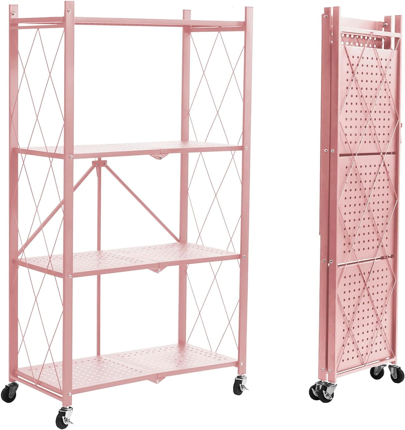 Pink Shelf Rack SHEN 4-Shelf Foldable Storage Shelves with Wheels, Folding Metal Rack ...