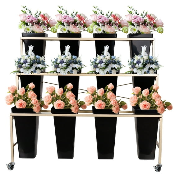 SHENCAIOU 3-Storey Stepped Metal Plant Display Frame, Large Indoor and Outdoor Movable Flower Display Frame with 4 Universal Wheels (12 Barrels of Gold Support)