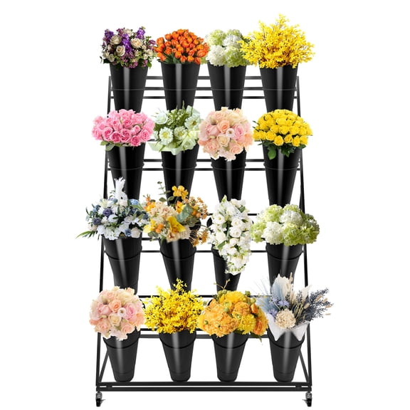 SHENCAIOU 4-Layer Metal Flower Display Stand, Movable and Plantable, Suitable for the Front Desk of the Rooftop Corridor (1 Flower Stand +16 Flower Buckets)