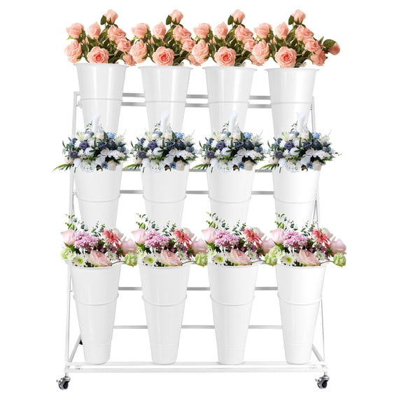 SHENCAIOU Flower Display Stand, 3-Layer Metal Flower Stand With 12 Flower Buckets, Movable Flower Stand, Suitable For Family Yard, Park (Color: White)