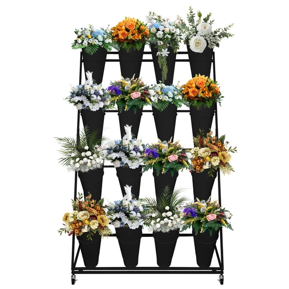 SHENCAIOU Flower Display Stand, Metal Stand with Wheels and Flower Bucket, Movable Florist Display Shelf, Suitable for Living Room, Flower Shop, Showroom (16 Buckets)