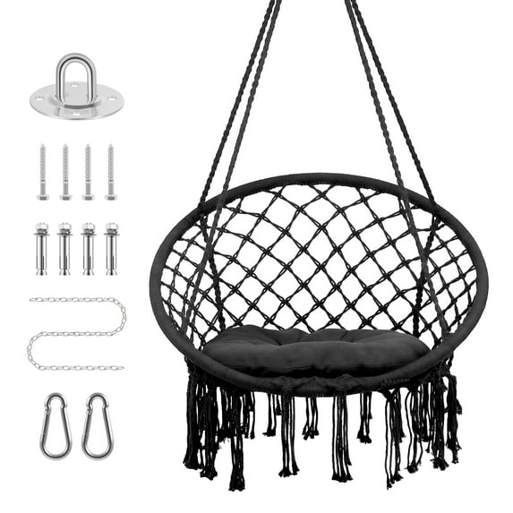 SHENCAIOU Hanging Rocking Chair Woven Swing Chair, 330 lb Weight Holding, Hand-Woven Hanging Cotton Rope Chair for Bedroom, Balcony (Color: Black)