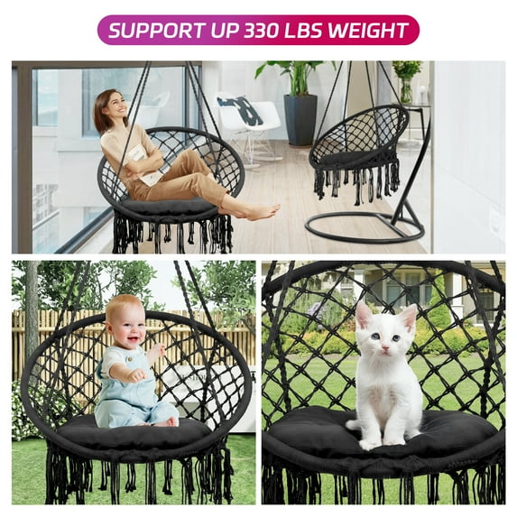 SHENCAIOU Hanging Rocking Chair with Cushion for 330 Pounds, Indoor and Outdoor Hand-Woven Hanging Cotton Rope Swing Chair (Color: Black)