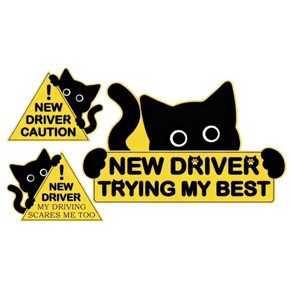 SHENERDA New Driver Sticker for Car 3 Pieces Black Cat Automotive Decal Auto Body Decals for Drivers Road Trips Daily Commuting Outdoor Events Parking Lots Highway Driving Weekend Outings SUVs modern