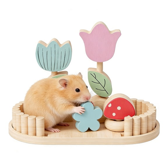 SHENERDA Rabbit Toys Garden Theme Pet Supplies Wooden Bunny Chew Toys with 3 Teething Sticks for Grinding Enrichment Hamster Gerbil Chinchilla Squirrel Small Pet Cage improved
