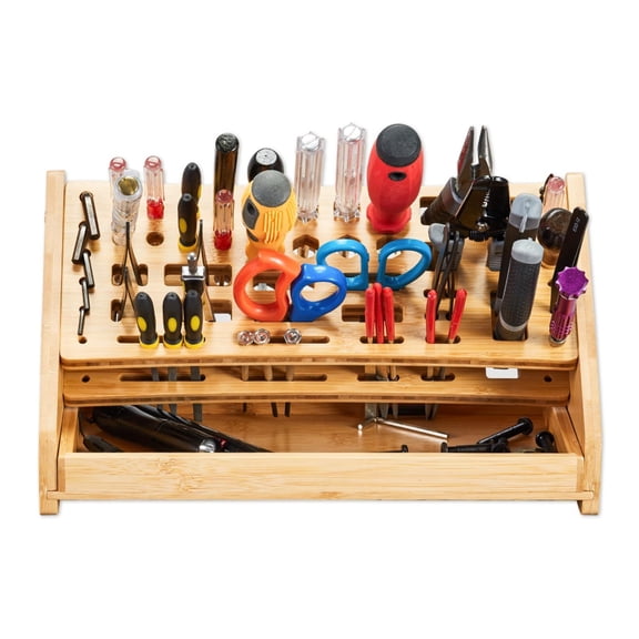 SHENERDA Screwdriver Organizer Wooden 53-Hole Storage Stand Storage Rack with Tray Hand Tool Organizer For Hobby Repair Desktop Bookshelf Pegboard Garage Truck Trailer Outdoor Indoor Garden adorable