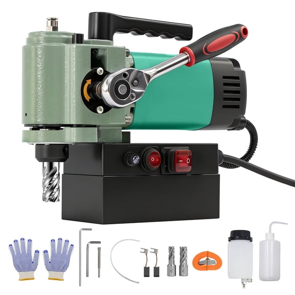 SHENGJINSH Low Profile Magnetic Drill Press, 1450W 1.4" Boring Diameter, Portable Mag Drilling Machine with 2 Coring Bits, 650 RPM Speed, for Equipment Installation, Industrial